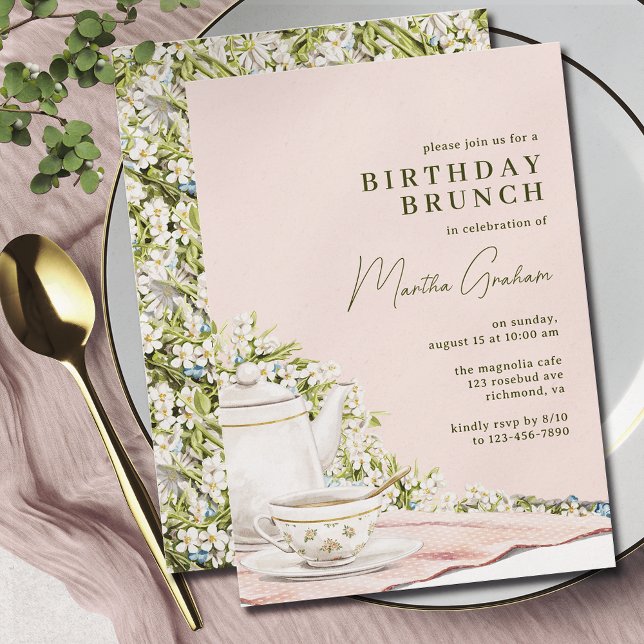 Blush Pink Green | Cute Tea Party Birthday Brunch Invitation (Creator Uploaded)