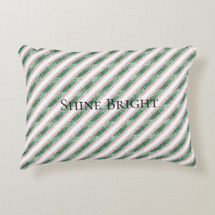 Blush Pink Green Glitter Stripes Christmas   Accent Pillow