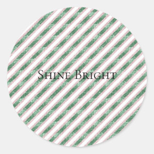 Blush Pink Green Glitter Stripes Christmas Classic Round Sticker