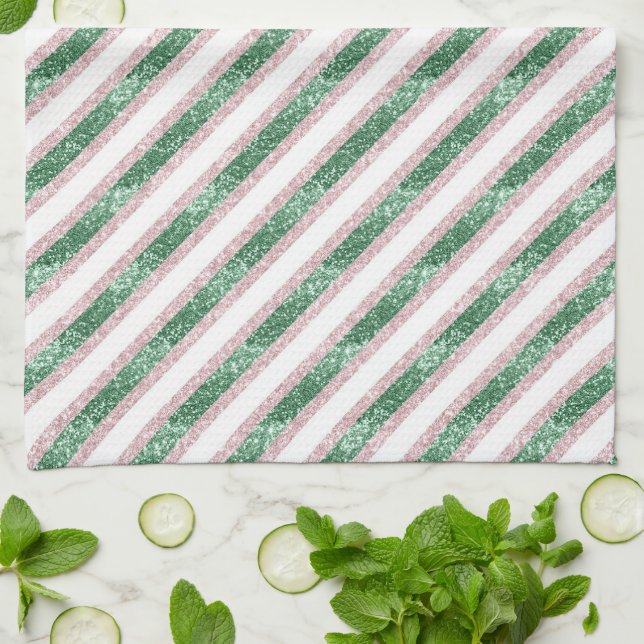Blush Pink Green Glitter Stripes Christmas   Kitchen Towel (Folded)