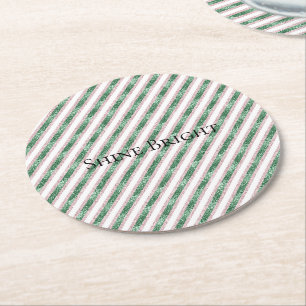 Blush Pink Green Glitter Stripes Christmas Round Paper Coaster