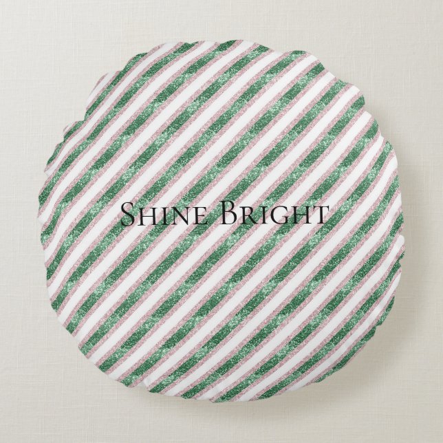 Blush Pink Green Glitter Stripes Christmas   Round Pillow (Front)