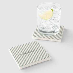 Blush Pink Green Glitter Stripes Christmas Stone Coaster