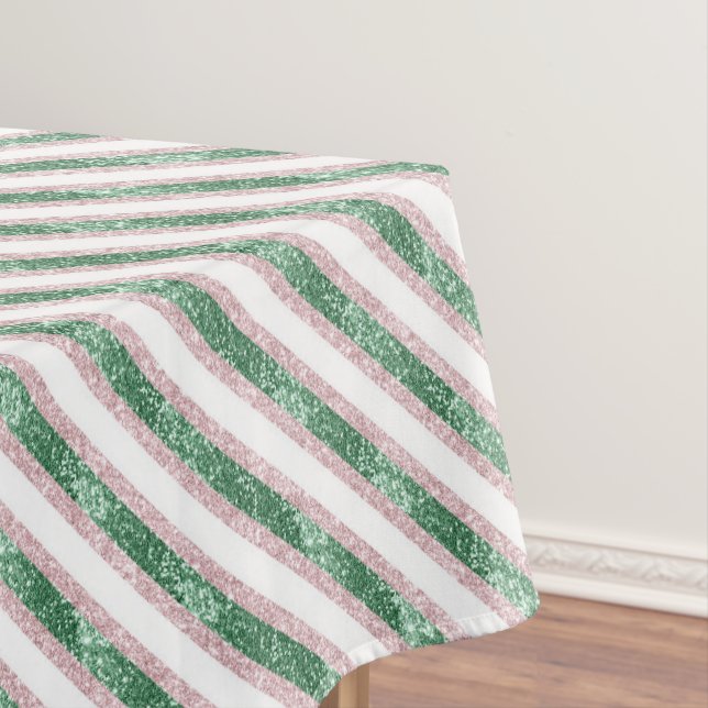 Blush Pink Green Glitter Stripes Christmas   Tablecloth (In Situ)