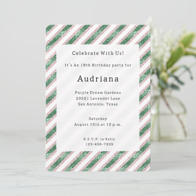 Blush Pink Green Glitzy Glam Chic Stripes Birthday Invitation (Standing Front)