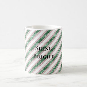 Blush Pink Green Glitzy Glitter Stripes Christmas Coffee Mug