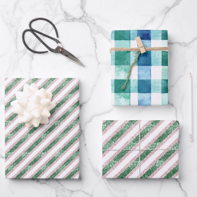Blush Pink Green Glitzy Glitter Stripes Christmas Wrapping Paper Sheet (Front)