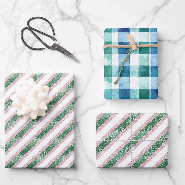 Blush Pink Green Glitzy Stripes Christmas Wrapping Paper Sheet (Front)
