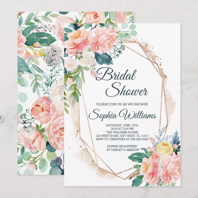 Blush Pink, Green & Gold Bridal Shower Invitation (Front/Back)