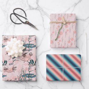 Blush Pink & Green Mexican Salamander Axolotl Girl Wrapping Paper Sheet