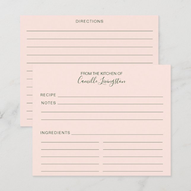 Blush Pink Green Minimalist Custom Recipe Cards (Front/Back)
