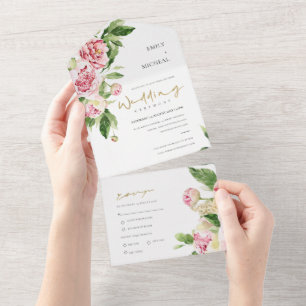 BLUSH PINK GREEN PEONY FLORAL WATERCOLOR WEDDING A ALL IN ONE INVITATION