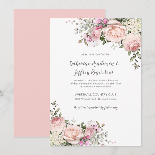 Blush Pink Green Watercolor Floral Wedding Invitat Invitation (Front/Back)