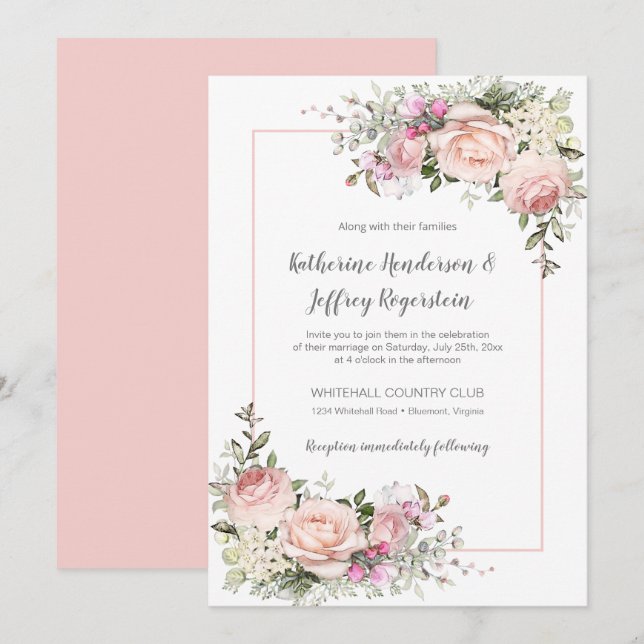 Blush Pink Green Watercolor Floral Wedding Invitation (Front/Back)