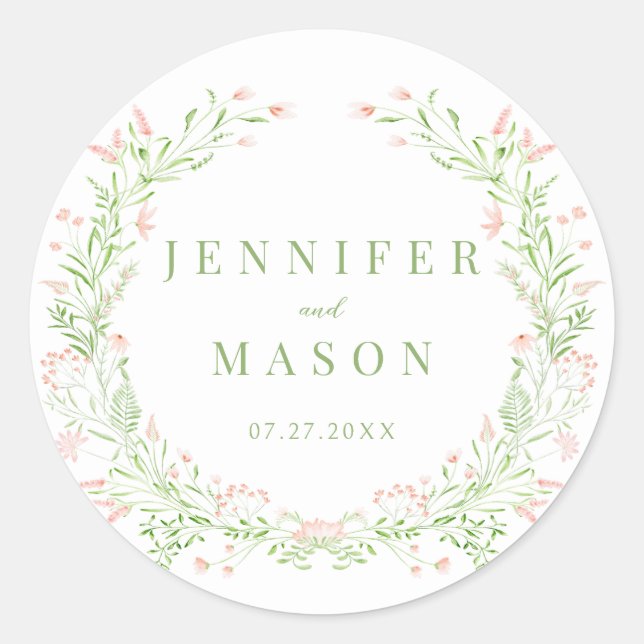 Blush pink green wildflower wreath rustic wedding classic round sticker (Front)