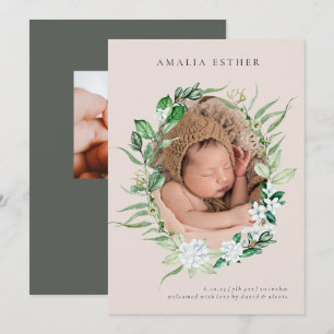 Blush Pink & Greenery Baby Girl Birth Announcement