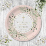 Blush Pink Greenery Baptism Christening Paper Plate<br><div class="desc">Featuring delicate watercolor leaves and an elegant gold crucifix,  this chic baptism or christening plate can be personalized with your special event information on a blush pink background. Designed by Thisisnotme©</div>