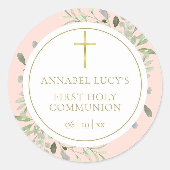 Blush Pink Greenery First Holy Communion Classic Round Sticker (Front)