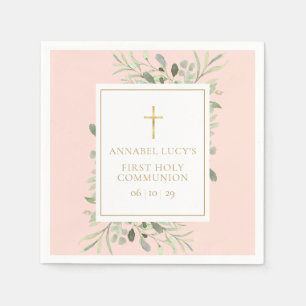Blush Pink Greenery First Holy Communion Napkin