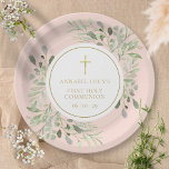 Blush Pink Greenery First Holy Communion Paper Plate<br><div class="desc">Featuring delicate watercolor greenery leaves on a blush pink background and an elegant gold crucifix,  this chic holy communion plate can be personalized with your special event information. Designed by Thisisnotme©</div>