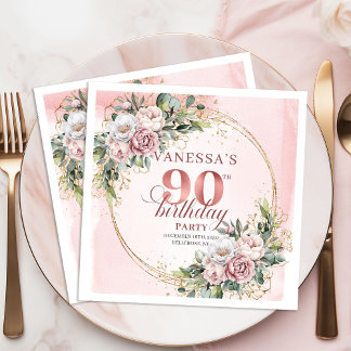 Blush Pink Greenery Floral 90th Birthday Party   Napkin
