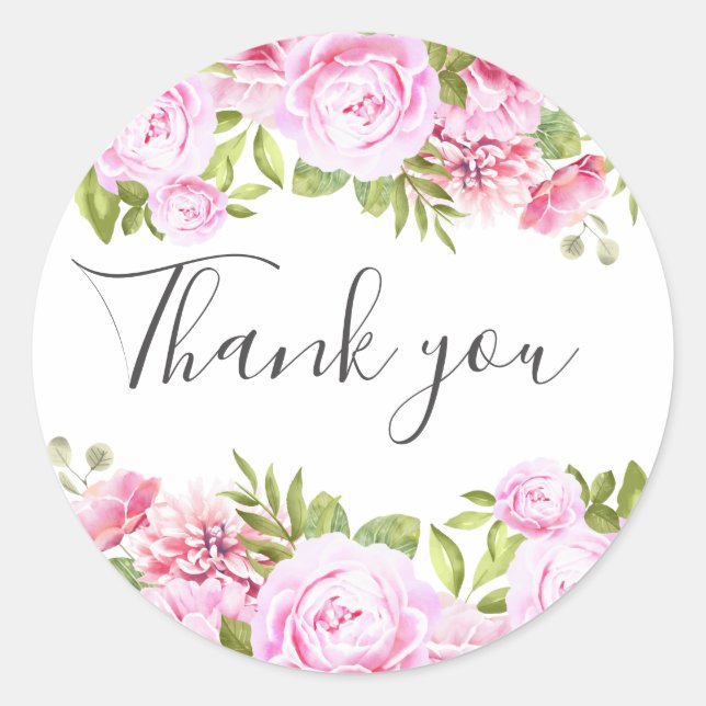 Blush Pink Greenery Floral Thank You Classic Round Sticker (Front)