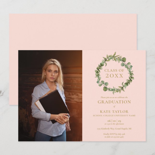 Blush Pink Greenery Garland Photo Graduation Party Invitation (Front/Back)