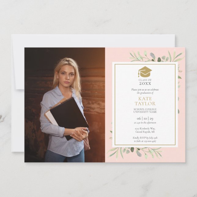 Blush Pink Greenery Gold Graduation Party Photo In Invitation (Front)