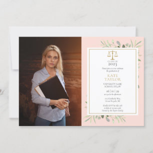 Blush Pink Greenery Law School Graduation Photo  Invitation