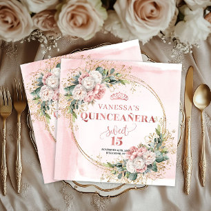 Blush Pink Greenery Quinceañera Party Napkins