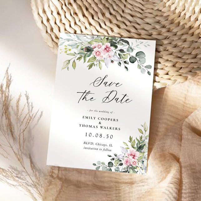 Blush Pink Greenery Save The Date Cards (Creator Uploaded)