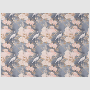 Blush Pink Grey Asian Floral Bird Tissue Paper