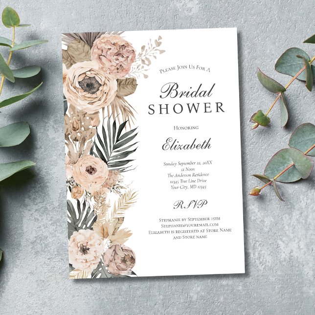 Blush Pink Grey Beige Boho Bridal Shower Invitation (Blush Pink Beige Gray Floral Botanical Boho Bridal Shower Invitation. Printed and  Digital download)
