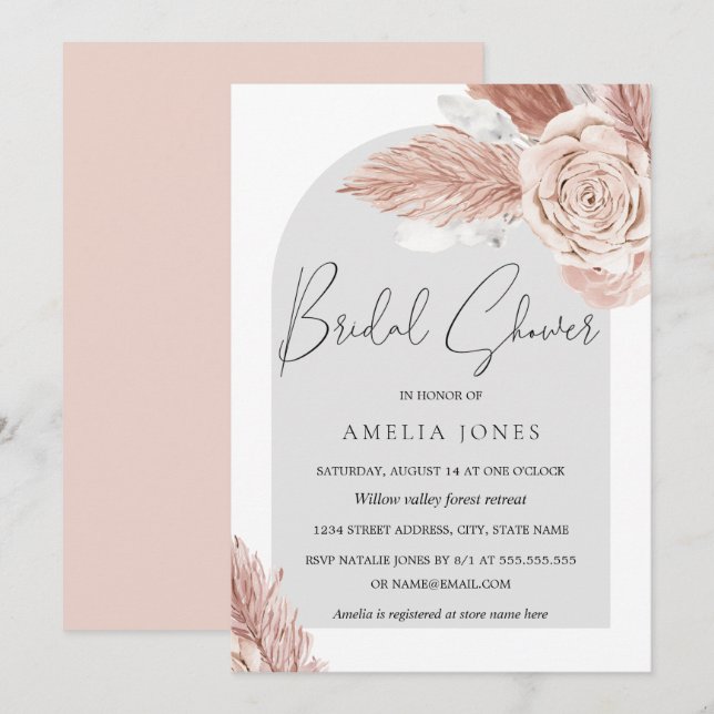 Blush Pink Grey Boho Flowers Arch Bridal Shower Invitation (Front/Back)