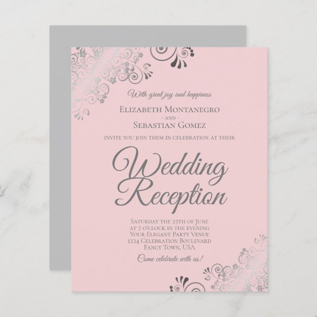 Blush Pink & Grey BUDGET Wedding Reception Invite (Front/Back)