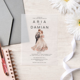 Blush pink grey floral couple photo Wedding Vellum Invitations