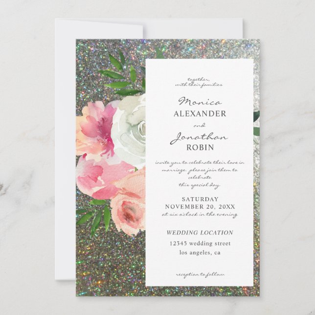 Blush Pink Grey Floral & Silver Glitter Wedding 2 Invitation (Front)