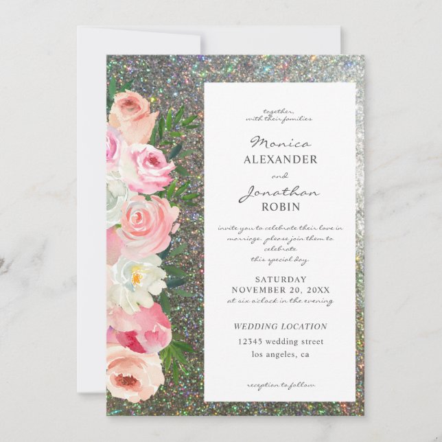 Blush Pink & Grey Floral & Silver Glitter Wedding Invitation (Front)