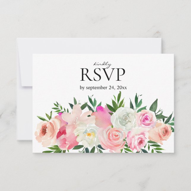 Blush Pink & Grey Floral with Meal Wedding RSVP Card (Front)