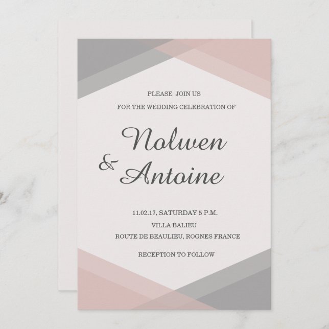 Blush pink grey geometric elegant modern wedding invitation (Front/Back)