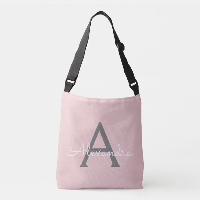 Blush Pink Grey Girly Script Monogram Name Modern Crossbody Bag (Front)