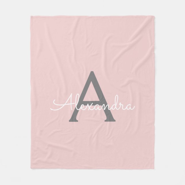 Blush Pink Grey Girly Script Monogram Name Modern Fleece Blanket (Front)