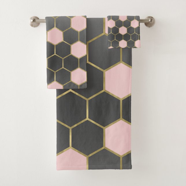 Blush Pink Grey & Gold Hexagon Modern Glam Bath Towel Set (Insitu)