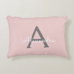 Blush Pink Grey Modern Script Girly Monogram Name Accent Pillow<br><div class="desc">Blush Pink and Grey Script Monogram Name and Initial Pillow. The pillow makes the perfect sweet 16 birthday,  wedding,  bridal shower,  baby shower or bachelorette party gift for someone decorating her room in rose gold.</div>