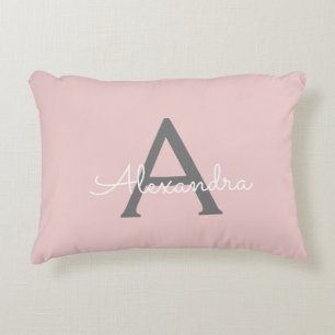 Blush Pink Grey Modern Script Girly Monogram Name Accent Pillow