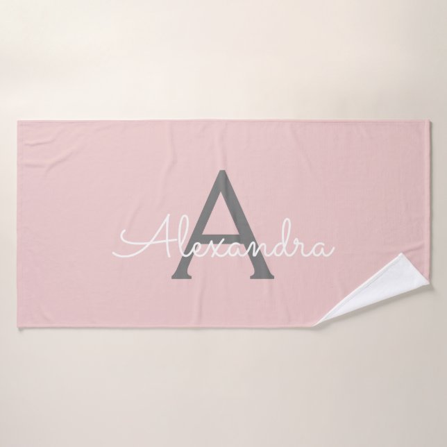 Blush Pink Grey Modern Script Girly Monogram Name Bath Towel (Bath Towel)