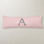 Blush Pink Grey Modern Script Girly Monogram Name Body Pillow<br><div class="desc">Blush Pink and Grey Simple Script Monogram Name Body Pillow. The pillow makes the perfect sweet 16 birthday,  wedding,  bridal shower,  baby shower or bachelorette party gift for someone decorating her room in rose gold.</div>