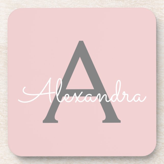 Blush Pink Grey Modern Script Girly Monogram Name Coaster (Front)