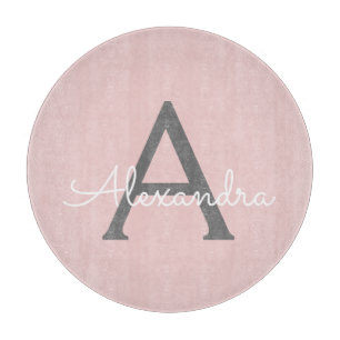 Blush Pink Grey Modern Script Girly Monogram Name Cutting Board