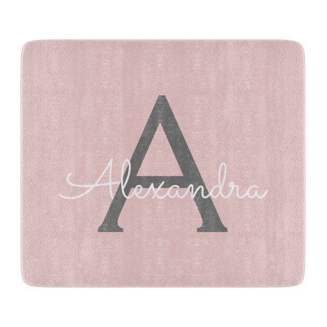 Blush Pink Grey Modern Script Girly Monogram Name Cutting Board (Front)